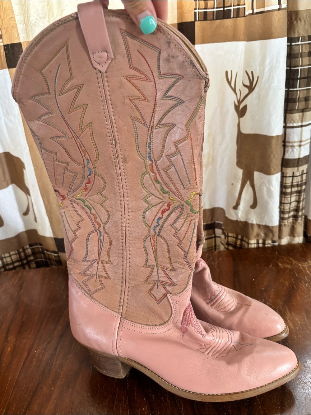 Vintage ACME Pink Embroidered Leather Western Heeled Boots